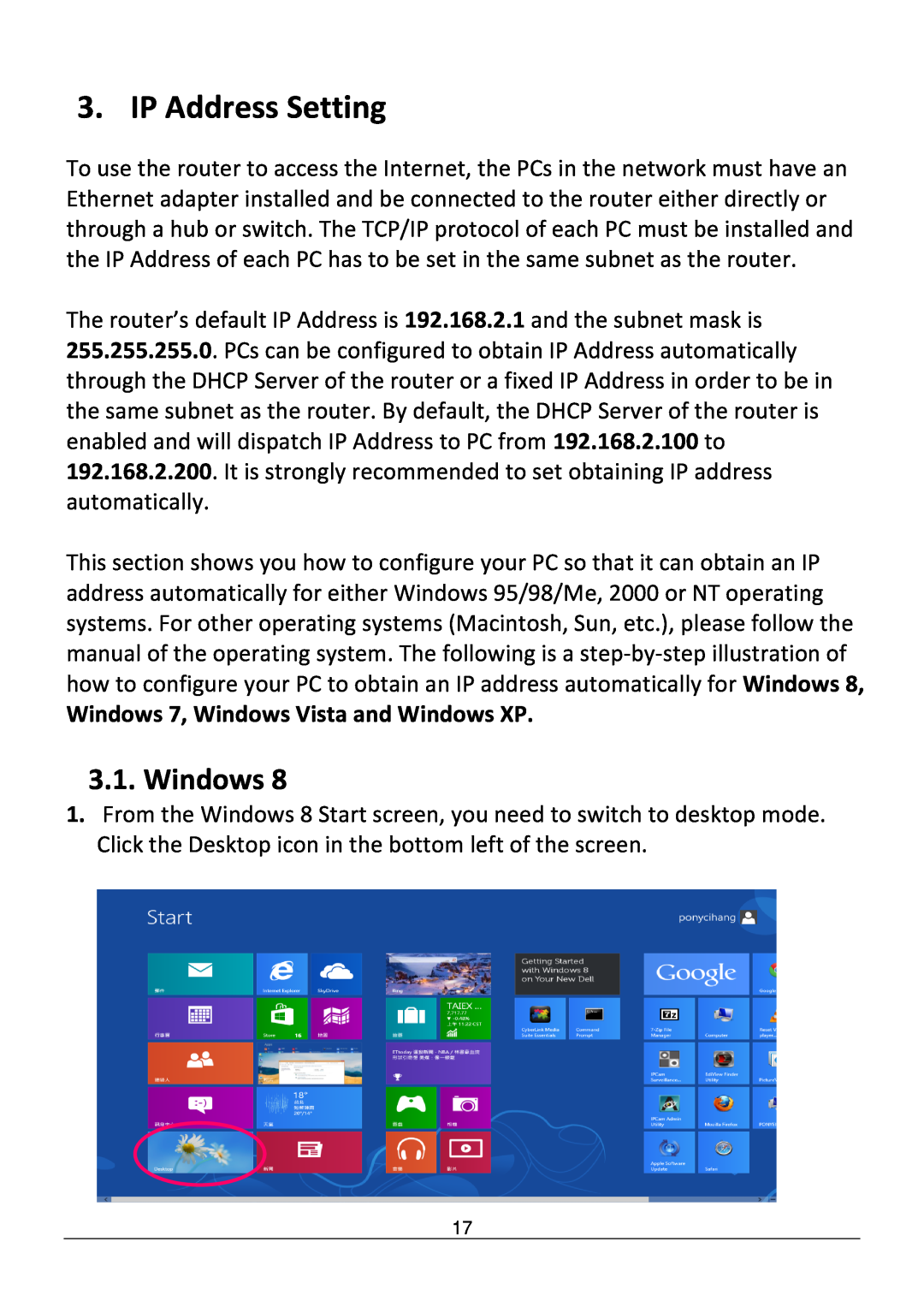 Edimax Technology AR-7286WNB user manual IP Address Setting, Windows 7, Windows Vista and Windows XP 