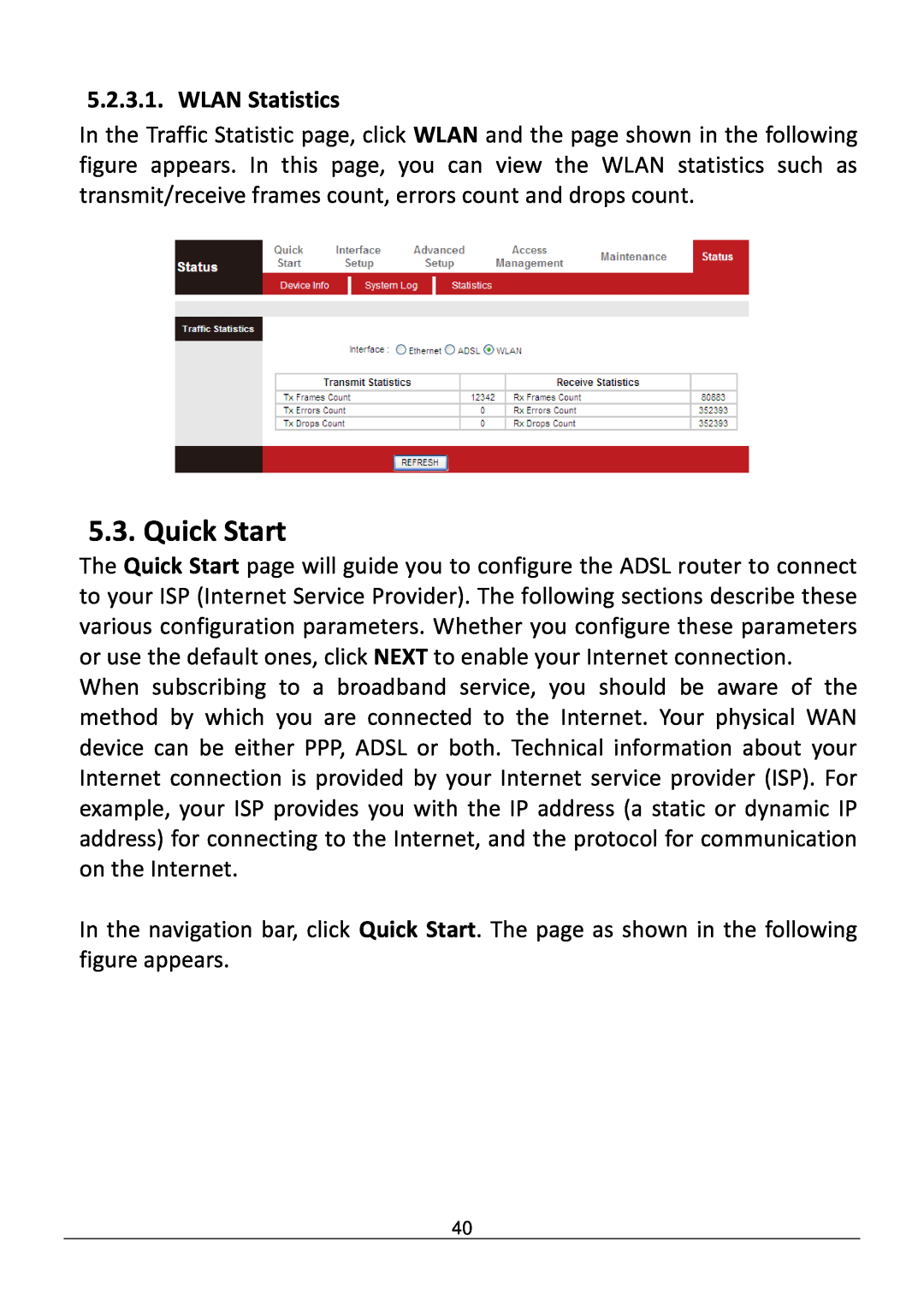 Edimax Technology AR-7286WNB user manual Quick Start, WLAN Statistics 