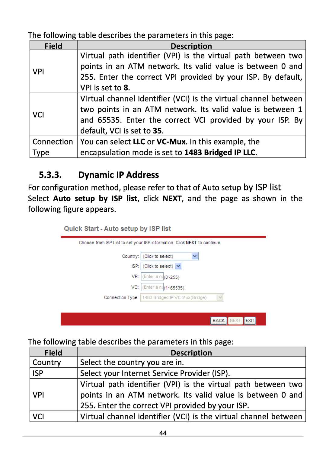 Edimax Technology AR-7286WNB user manual Dynamic IP Address, Field, Description 