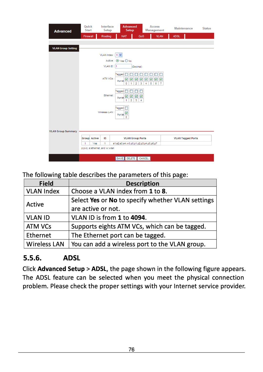 Edimax Technology AR-7286WNB user manual Adsl, Field, Description 