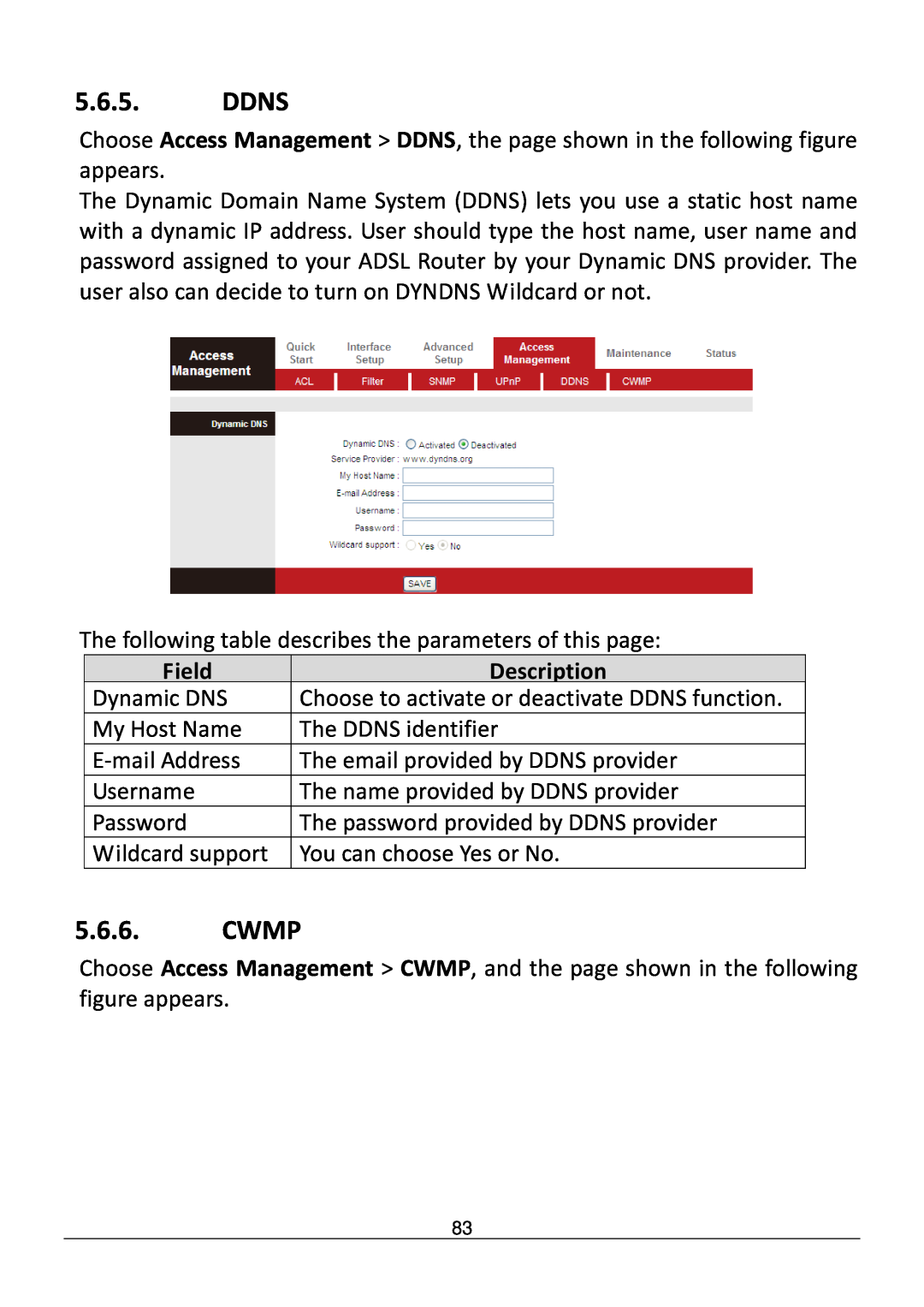 Edimax Technology AR-7286WNB user manual Ddns, Cwmp, Field, Description 