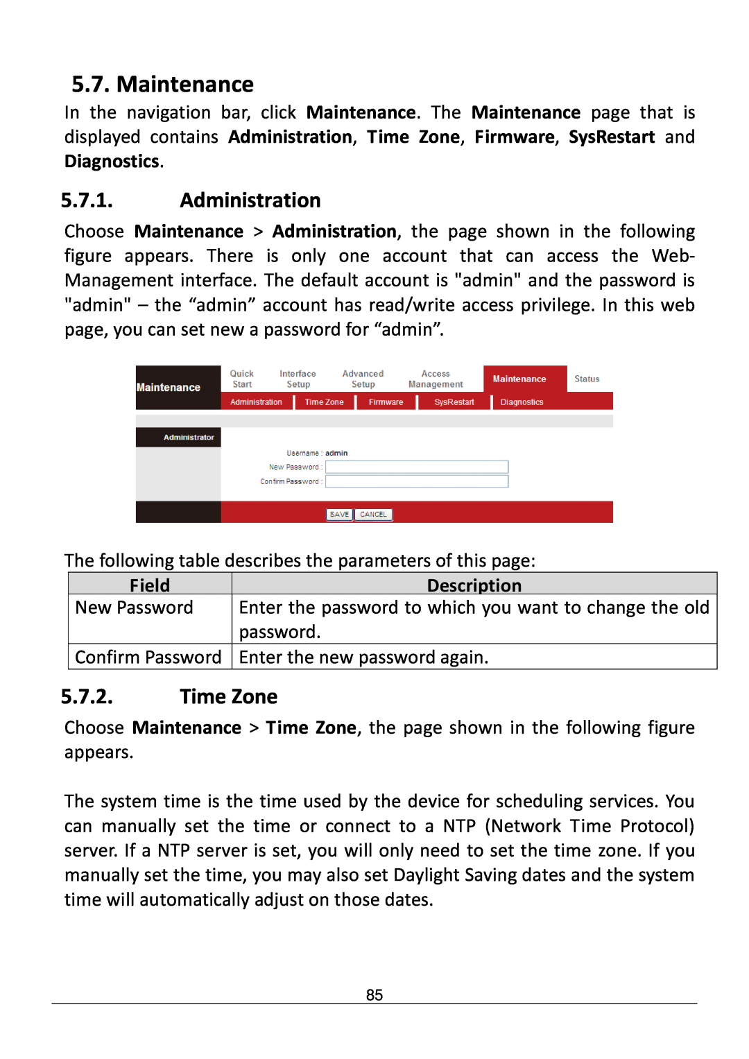 Edimax Technology AR-7286WNB user manual Maintenance, Administration, Time Zone, Field, Description 