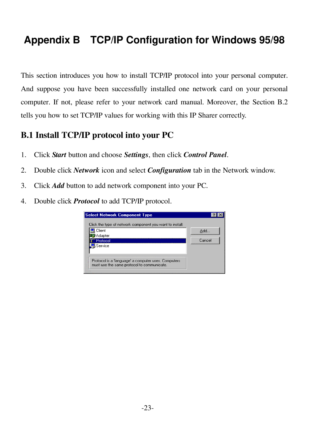 Edimax Technology BR-6004 Appendix B TCP/IP Configuration for Windows 95/98, Install TCP/IP protocol into your PC 