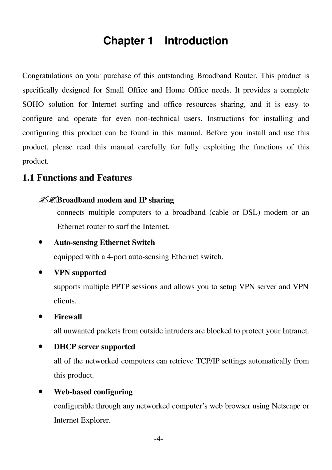 Edimax Technology BR-6004 user manual Introduction, Functions and Features 