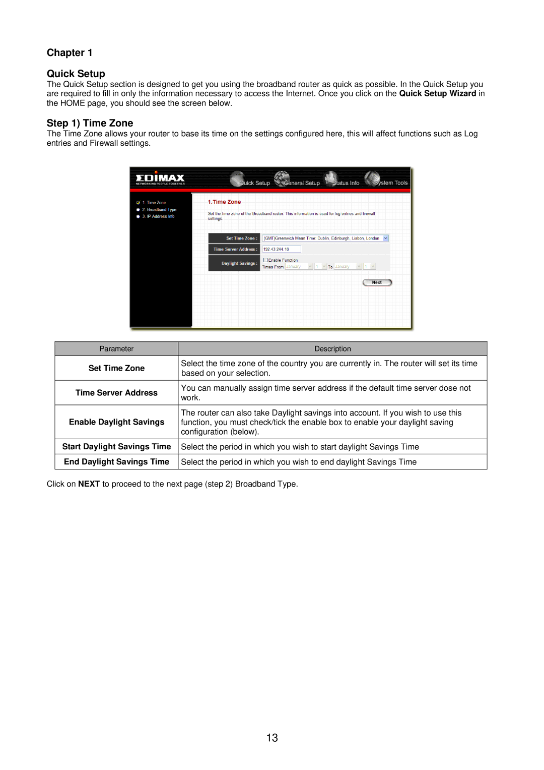 Edimax Technology BR-6104KP user manual Chapter Quick Setup, Time Zone 