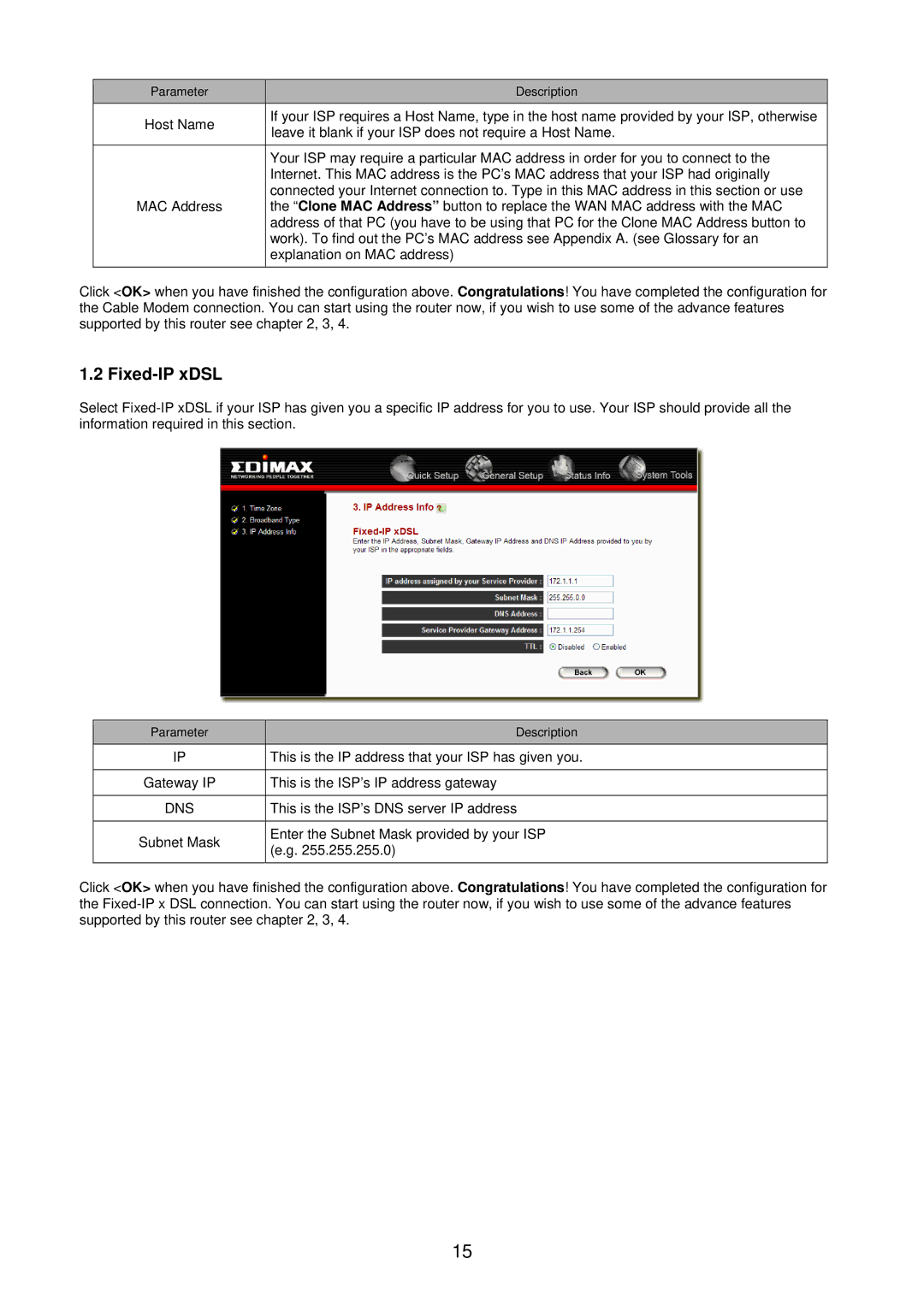 Edimax Technology BR-6104KP user manual Fixed-IP xDSL, Dns 