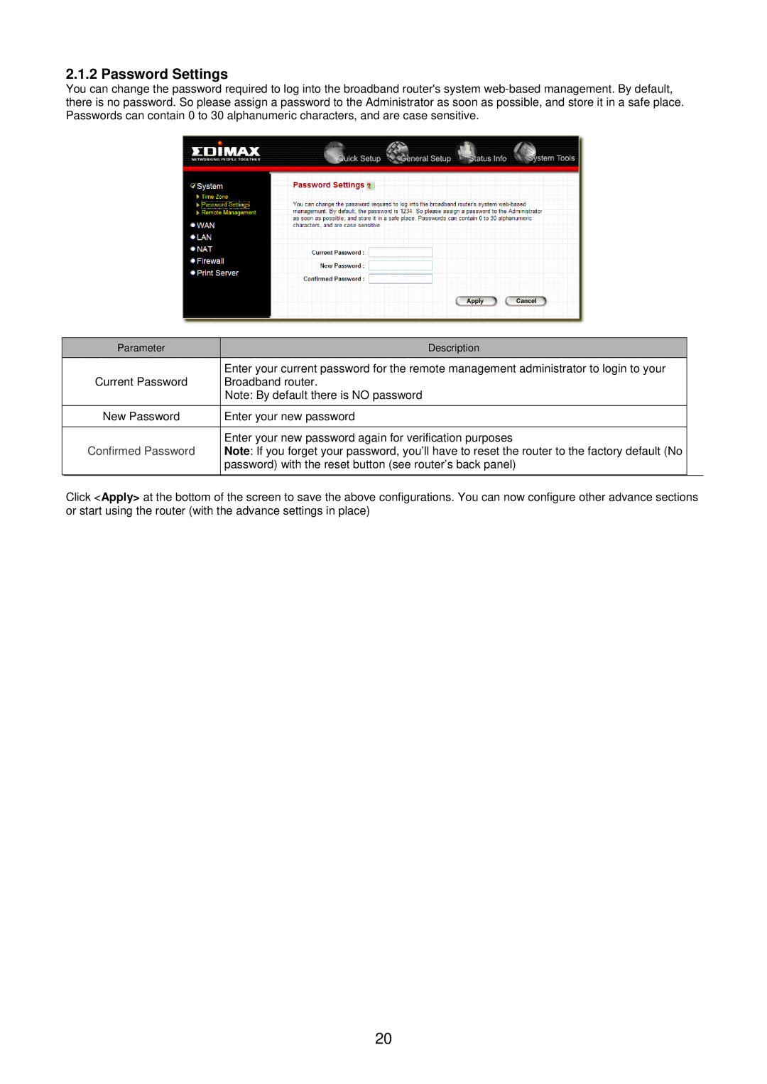 Edimax Technology BR-6104KP user manual Password Settings 