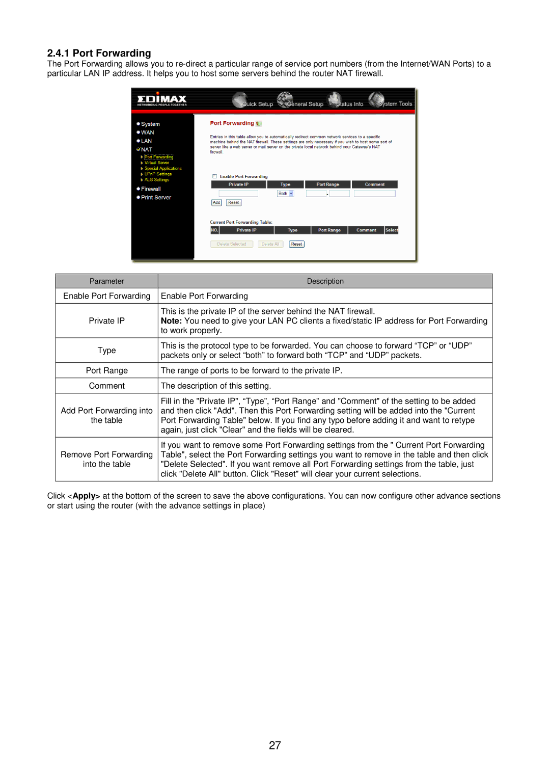 Edimax Technology BR-6104KP user manual Port Forwarding 