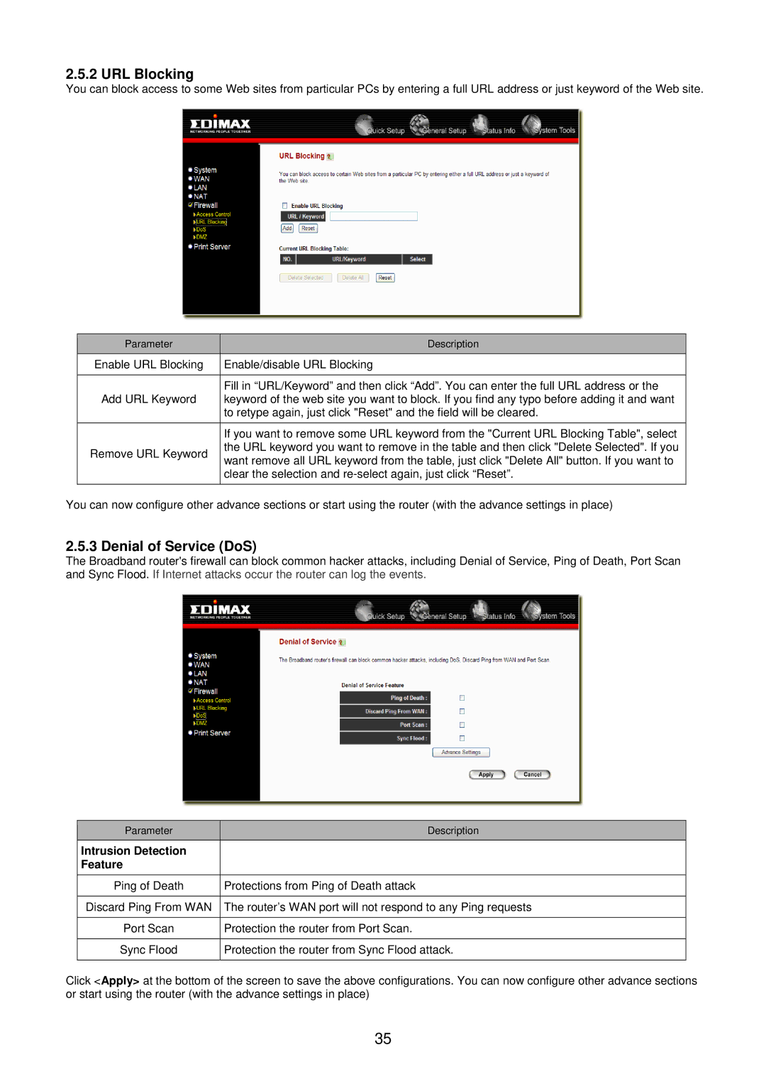 Edimax Technology BR-6104KP user manual URL Blocking, Denial of Service DoS, Intrusion Detection Feature 