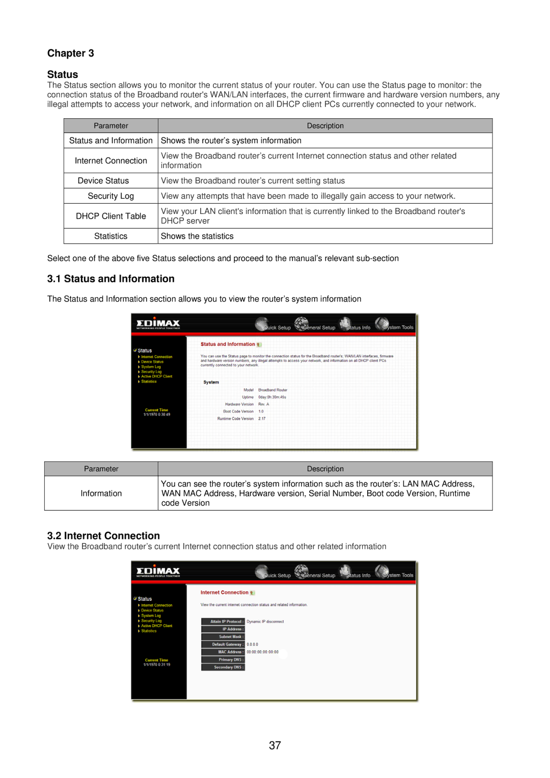 Edimax Technology BR-6104KP user manual Chapter Status, Status and Information, Internet Connection 