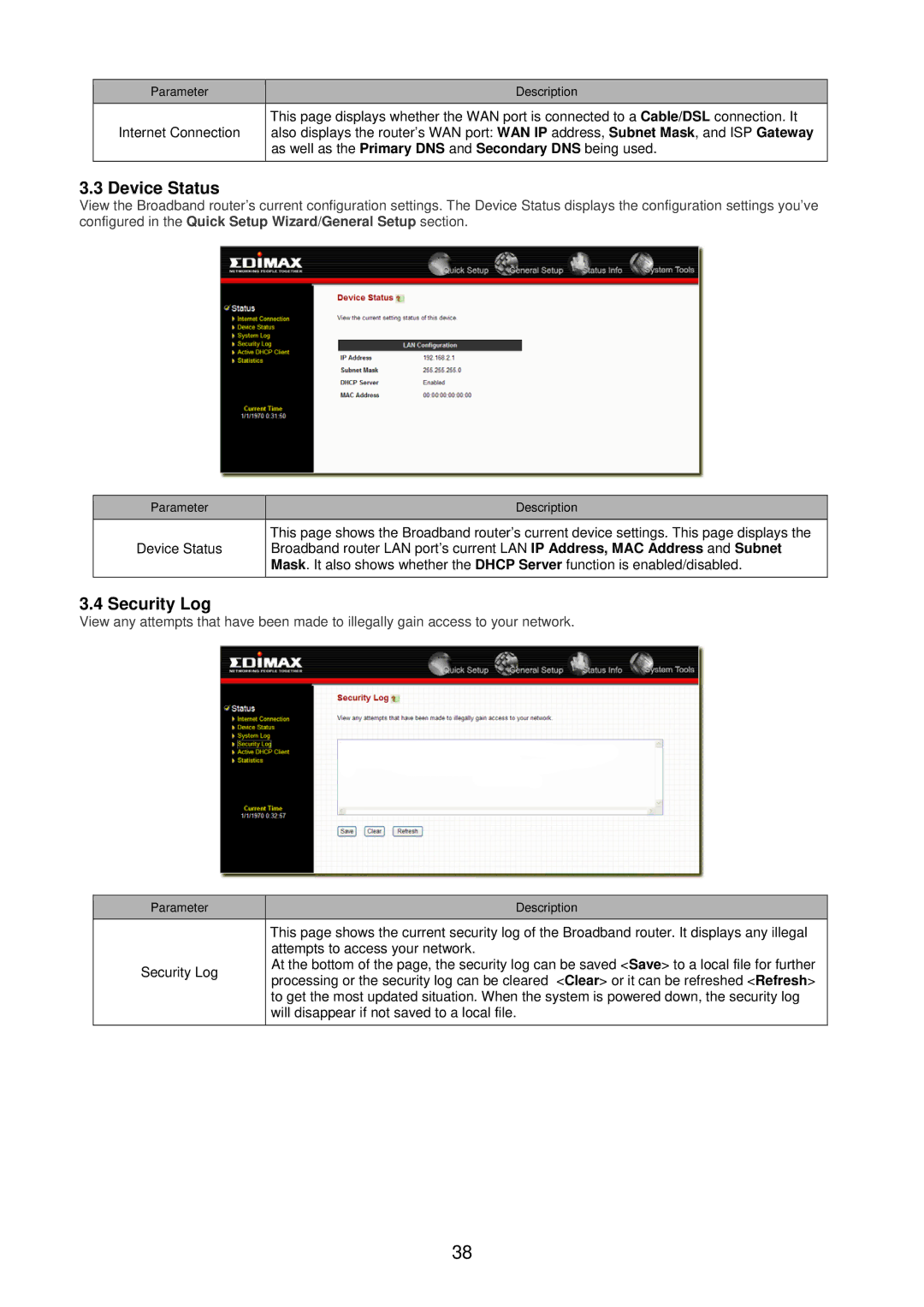 Edimax Technology BR-6104KP user manual Device Status, Security Log 