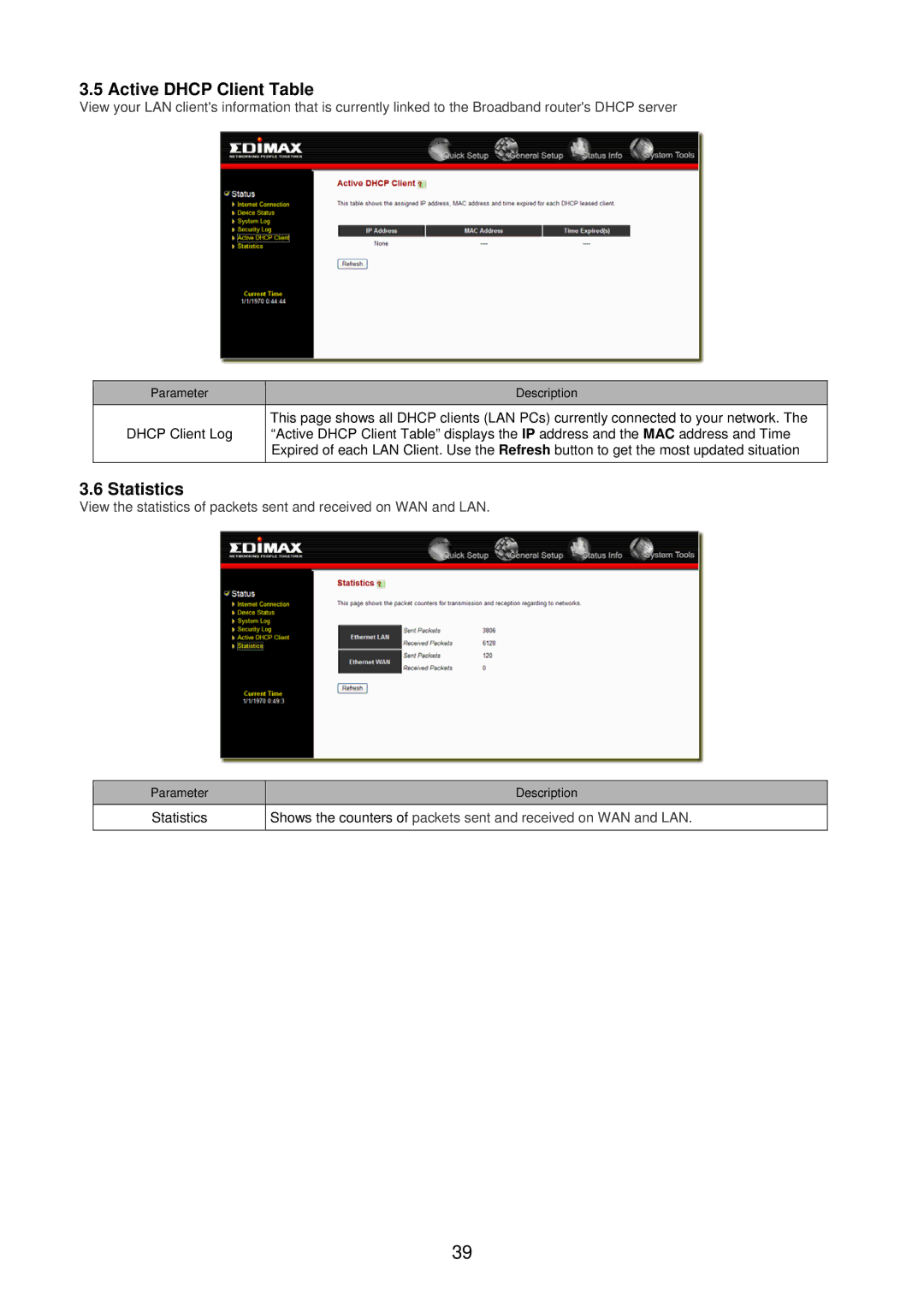 Edimax Technology BR-6104KP user manual Active Dhcp Client Table, Statistics 