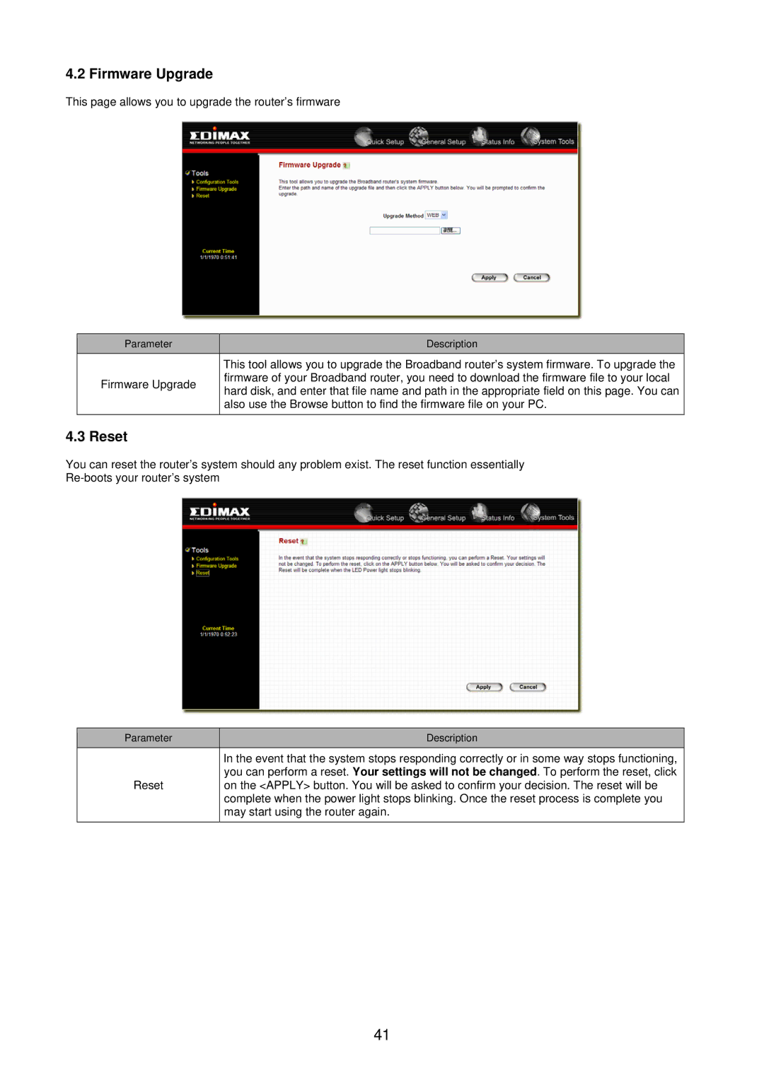 Edimax Technology BR-6104KP user manual Firmware Upgrade, Reset 