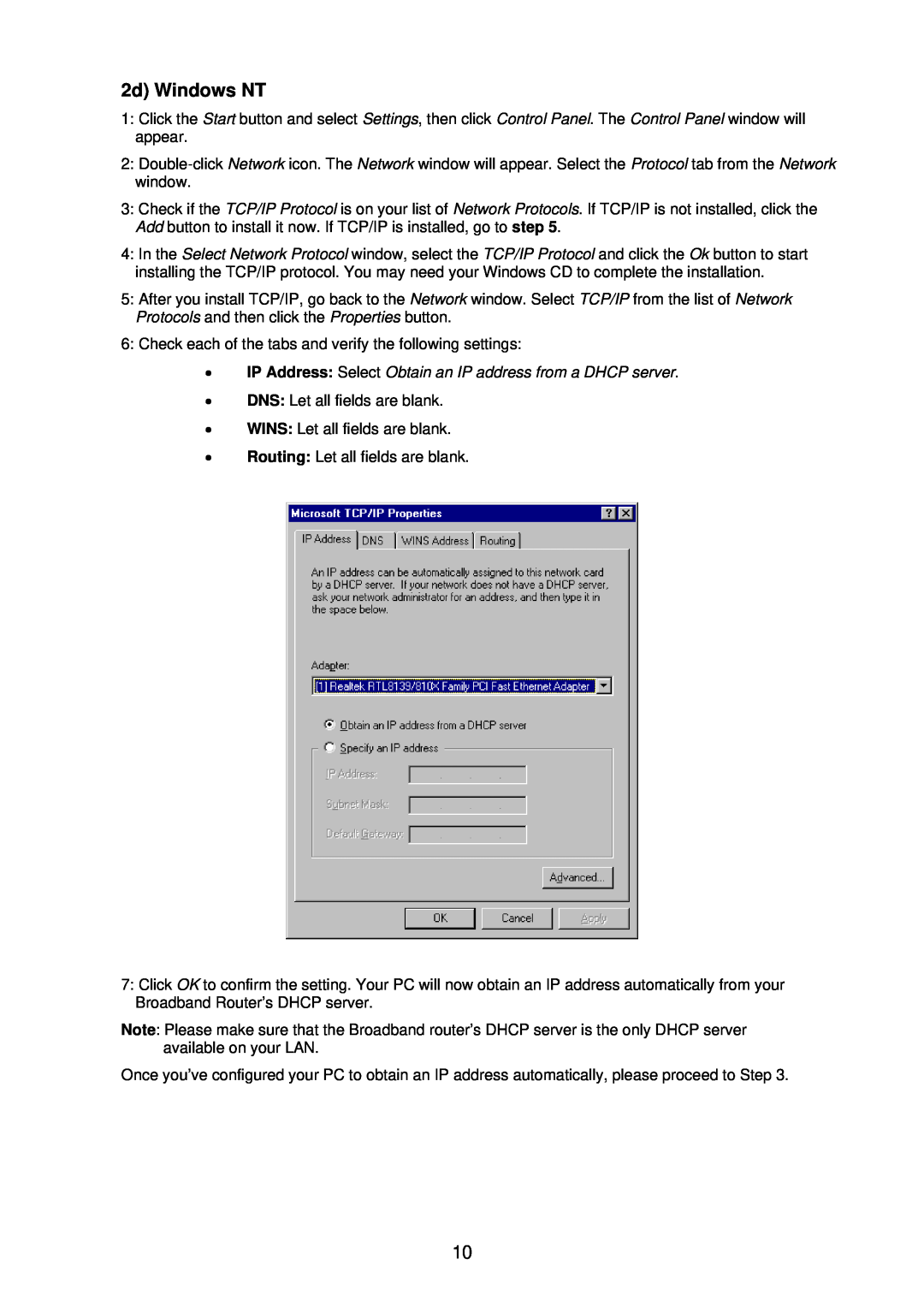 Edimax Technology BR-6104KP user manual 2d Windows NT, IP Address Select Obtain an IP address from a DHCP server 