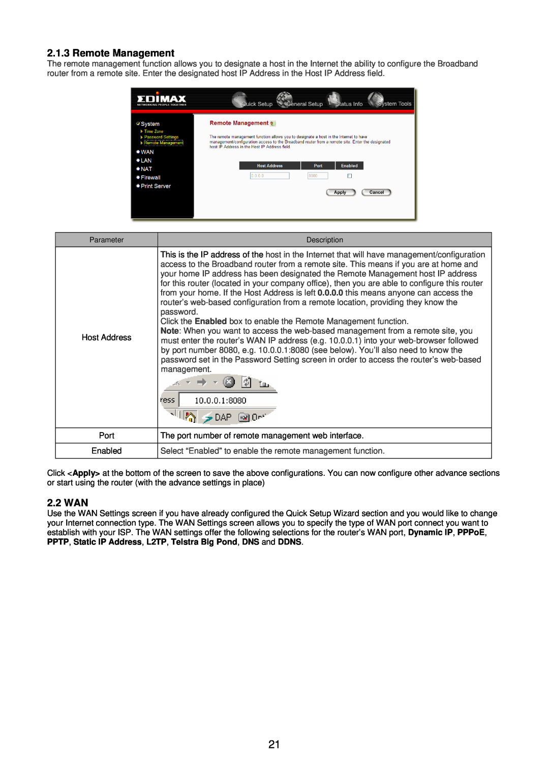 Edimax Technology BR-6104KP user manual Remote Management, 2.2 WAN 