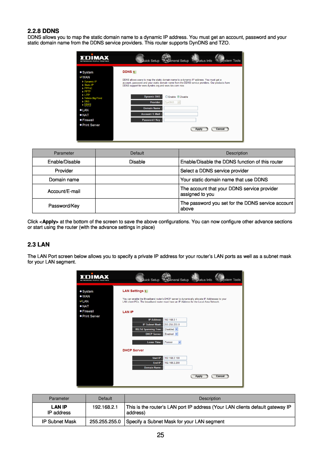 Edimax Technology BR-6104KP user manual Ddns, 2.3 LAN, Lan Ip 