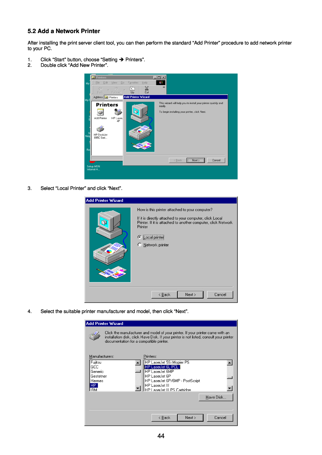 Edimax Technology BR-6104KP user manual Add a Network Printer, Click “Start” button, choose “Setting Î Printers” 