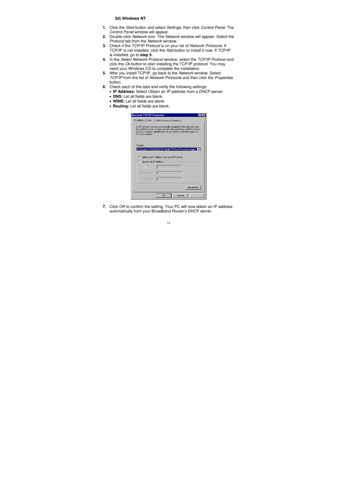 Edimax Technology BR-6204WG manual 2d Windows NT, IP Address Select Obtain an IP address from a Dhcp server 