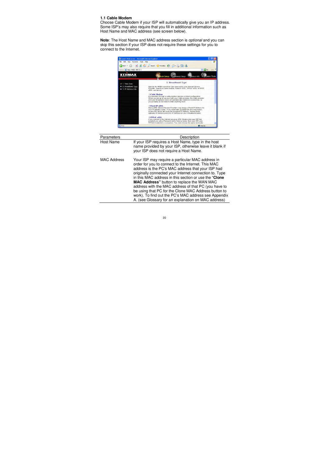 Edimax Technology BR-6204WG manual Cable Modem 