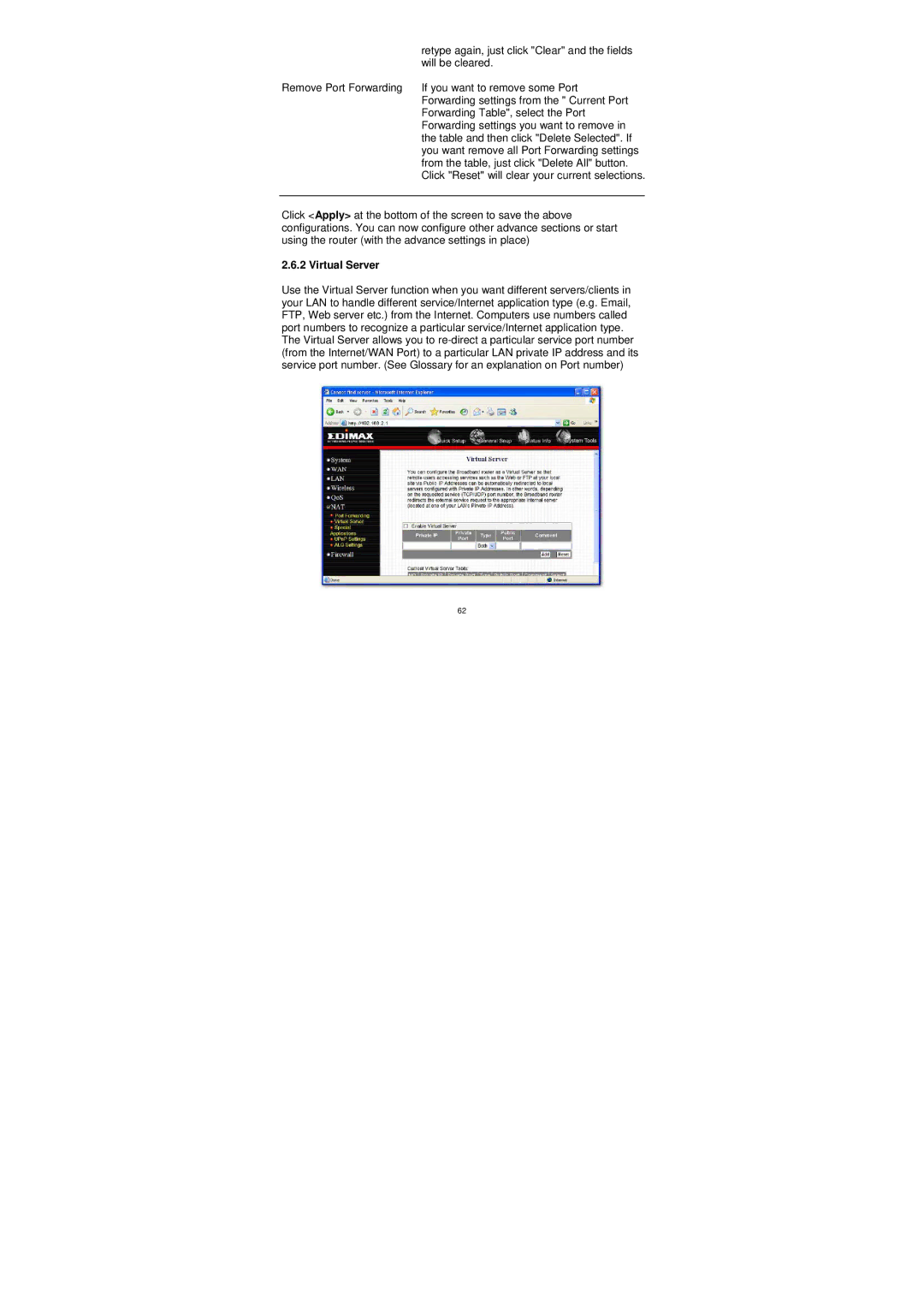 Edimax Technology BR-6204WG manual Virtual Server 