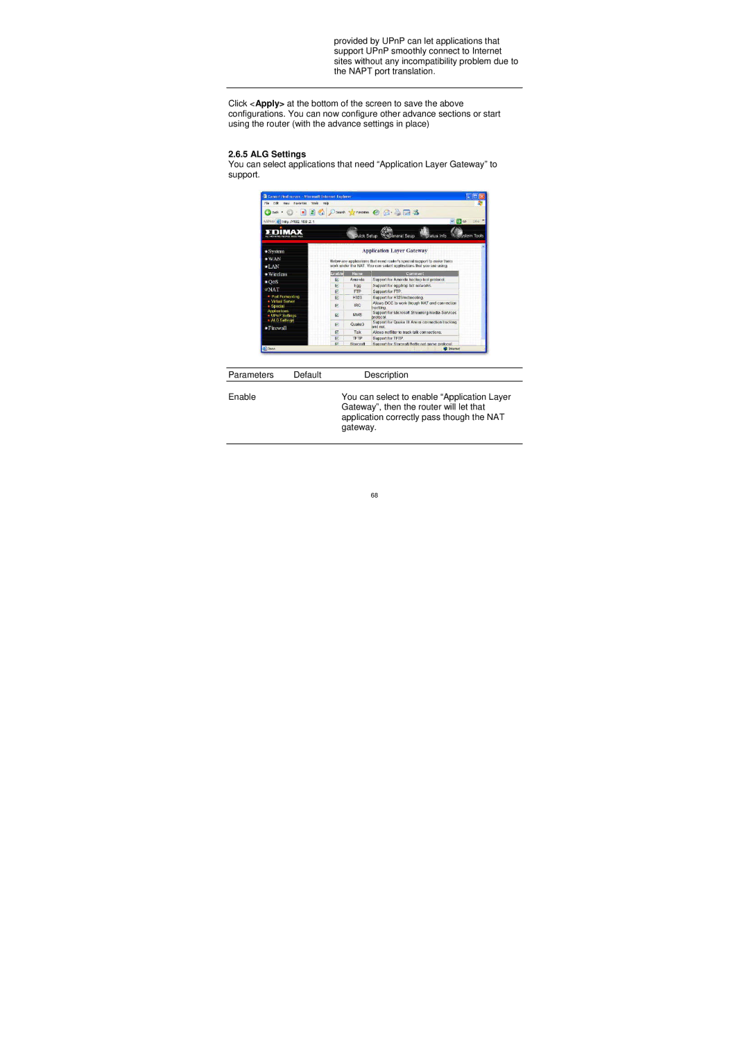 Edimax Technology BR-6204WG manual ALG Settings 