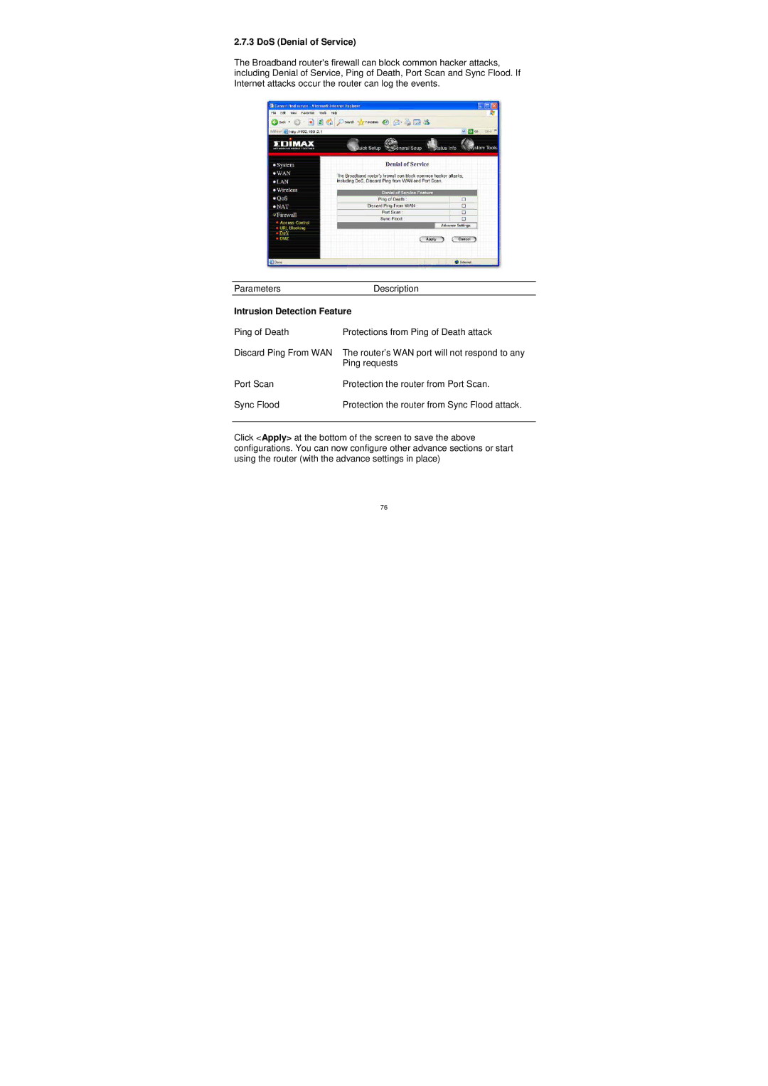 Edimax Technology BR-6204WG manual DoS Denial of Service, Intrusion Detection Feature 