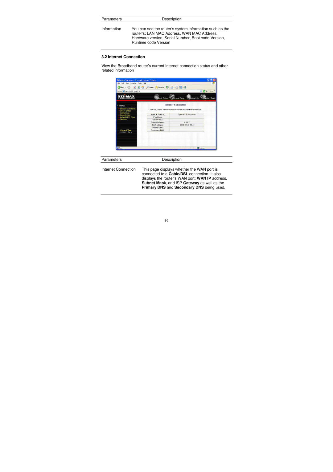 Edimax Technology BR-6204WG manual Internet Connection, Primary DNS and Secondary DNS being used 