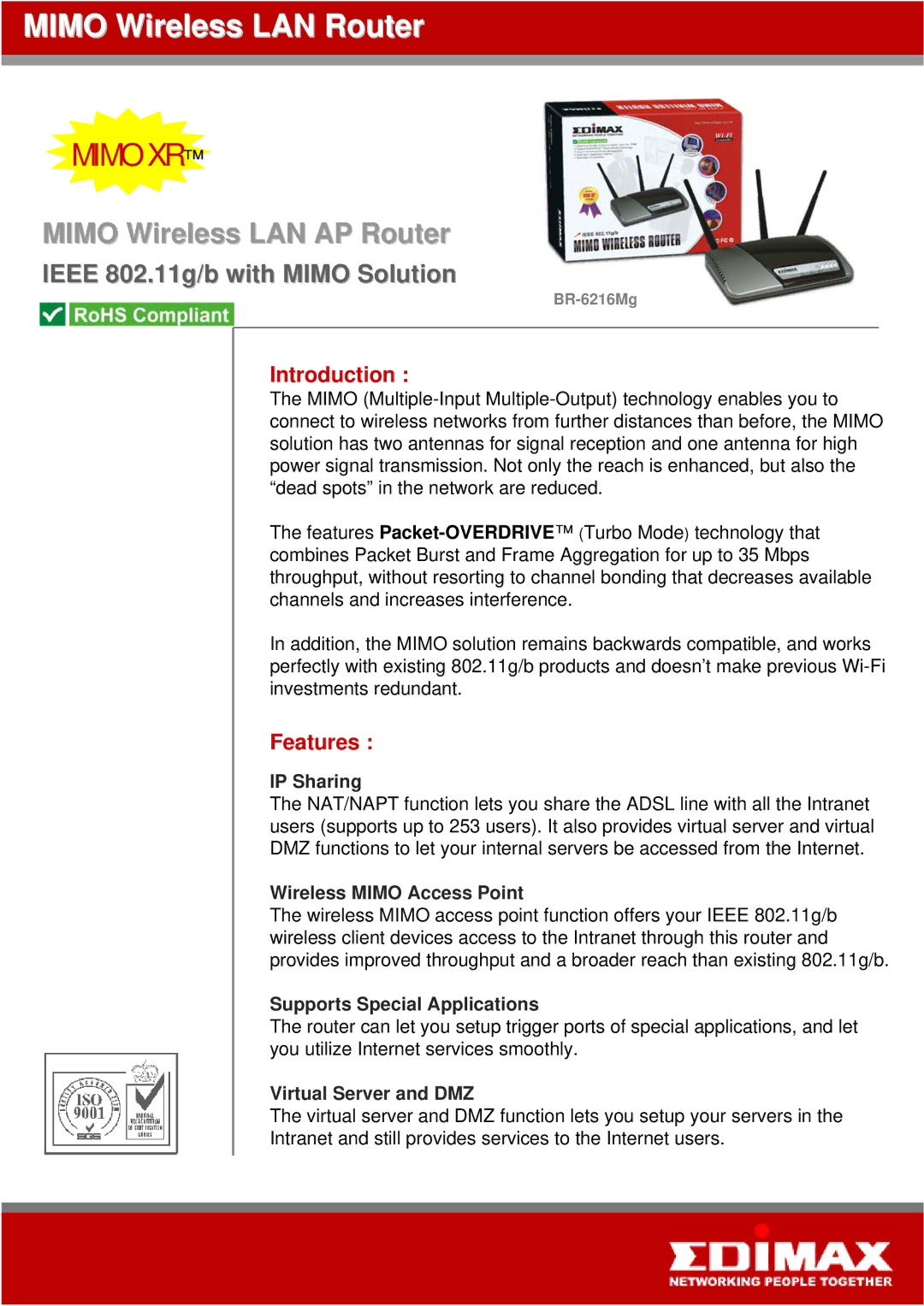 Edimax Technology BR-6216Mg manual Introduction, Features 