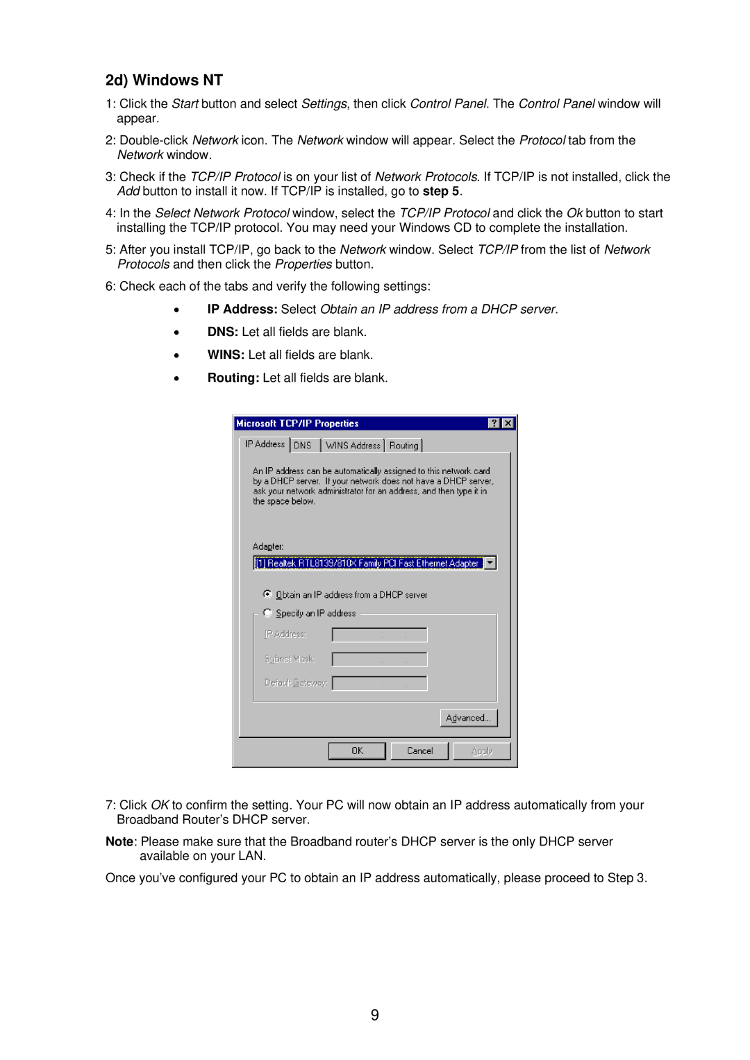 Edimax Technology BR-6218Mg user manual 2d Windows NT, IP Address Select Obtain an IP address from a Dhcp server 