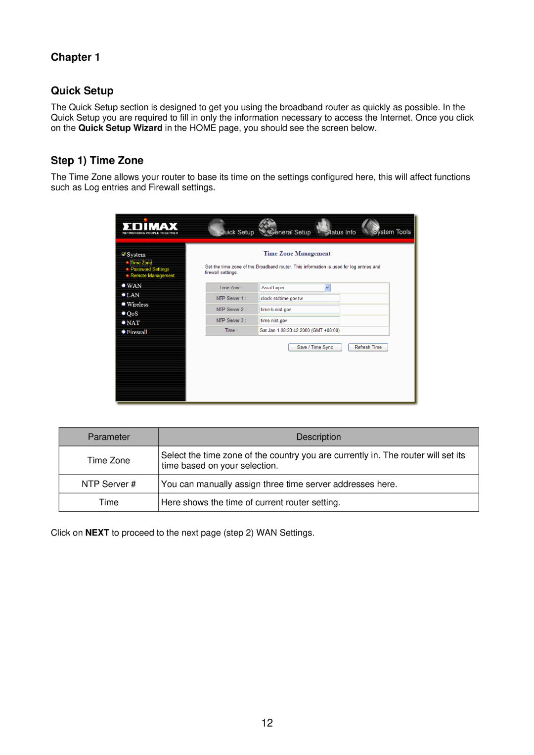 Edimax Technology BR-6218Mg user manual Chapter Quick Setup, Time Zone 