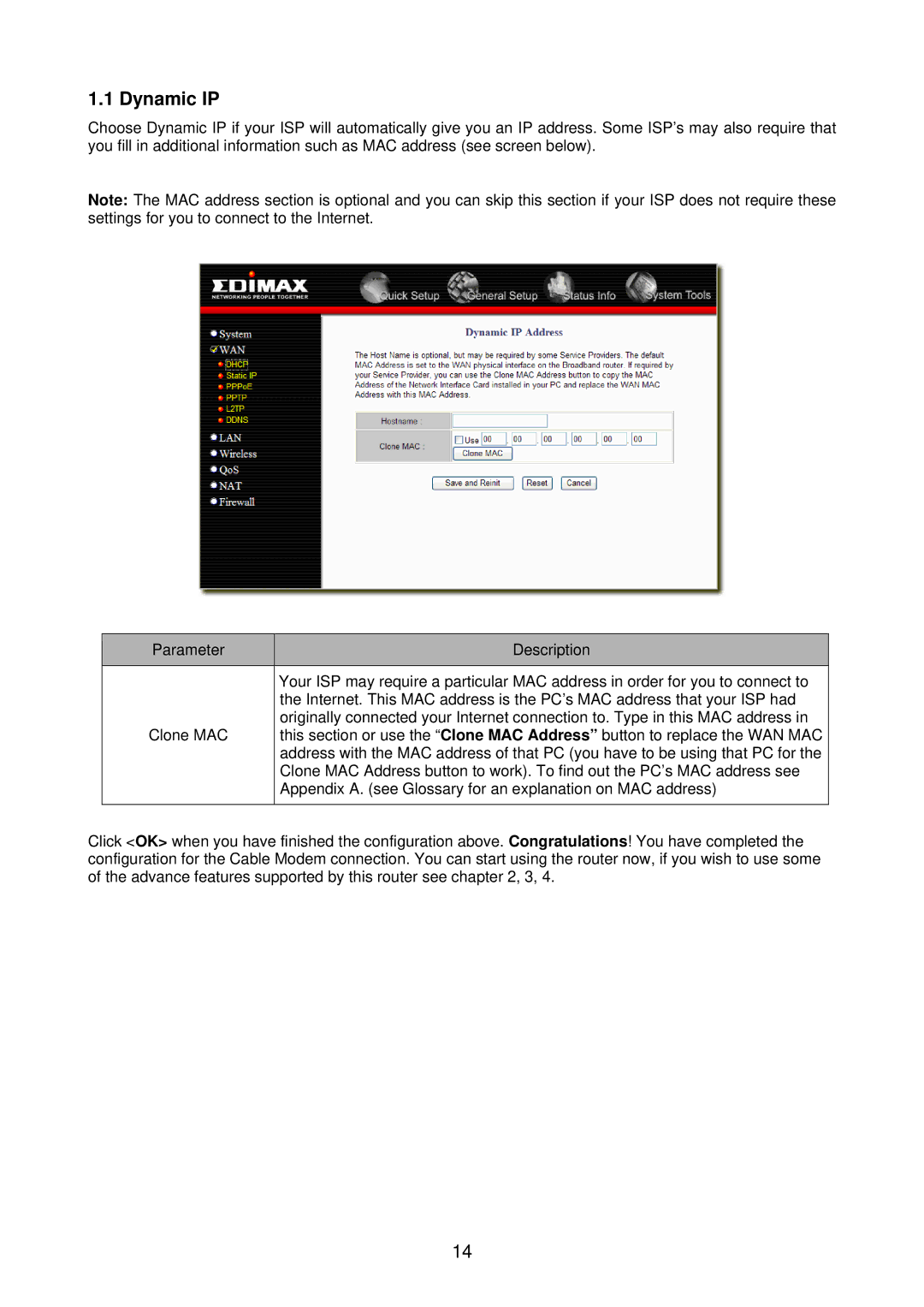 Edimax Technology BR-6218Mg user manual Dynamic IP 