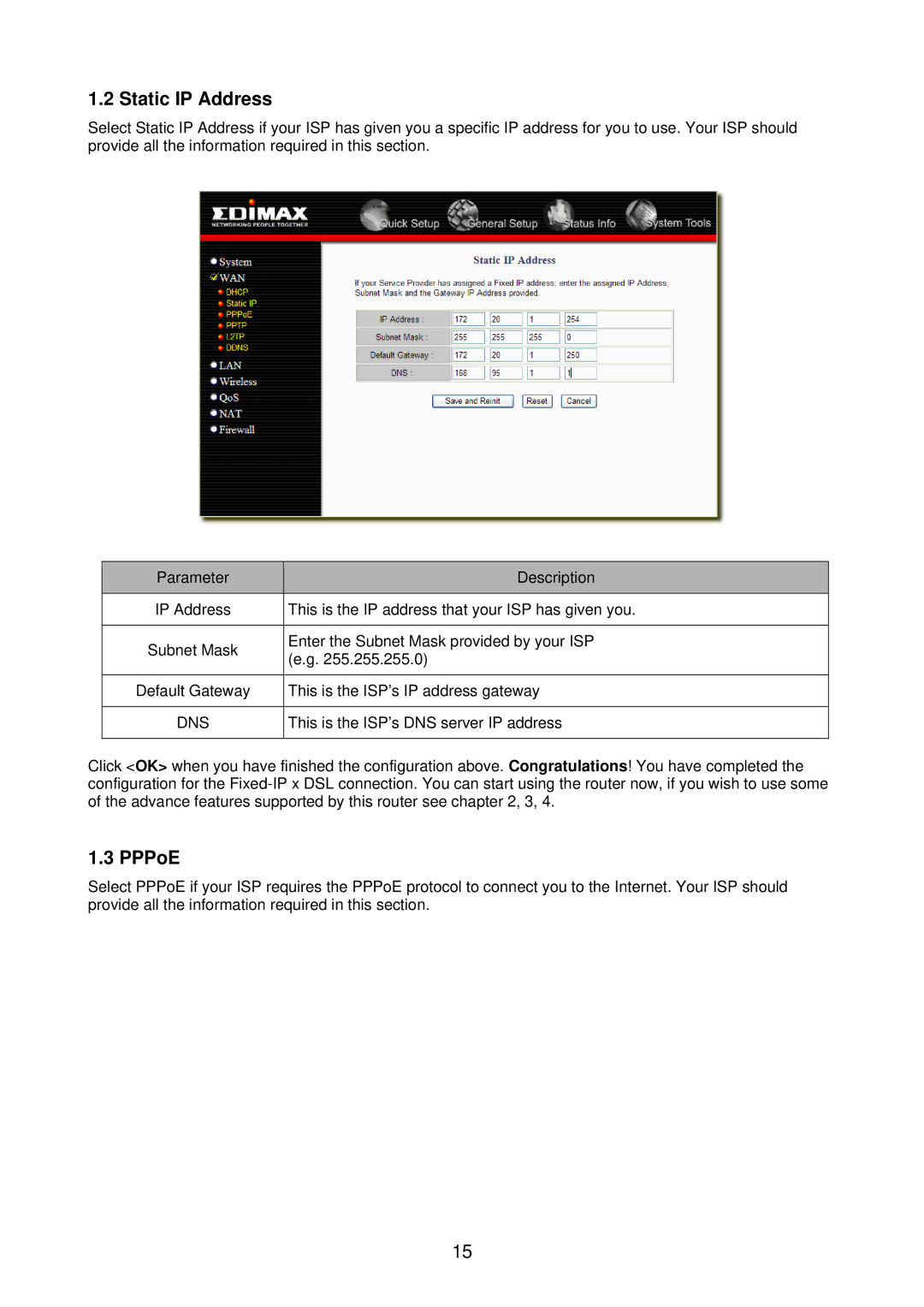 Edimax Technology BR-6218Mg user manual Static IP Address, PPPoE, Dns 