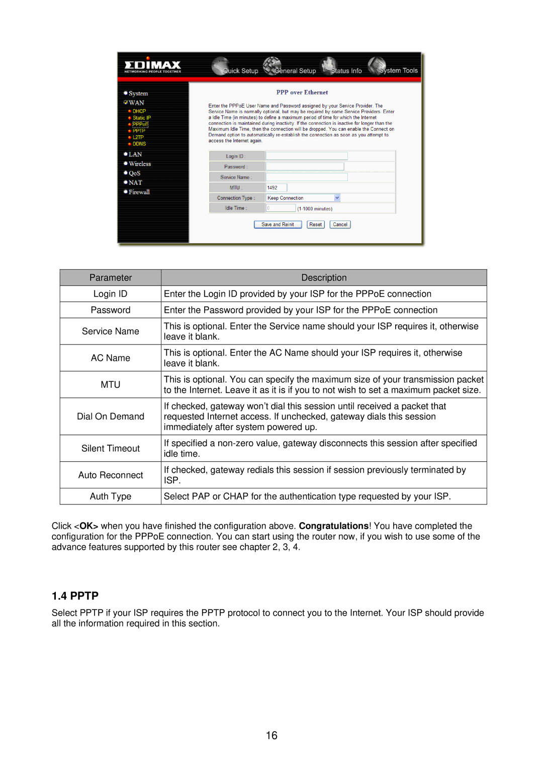 Edimax Technology BR-6218Mg user manual Pptp, Mtu, Isp 