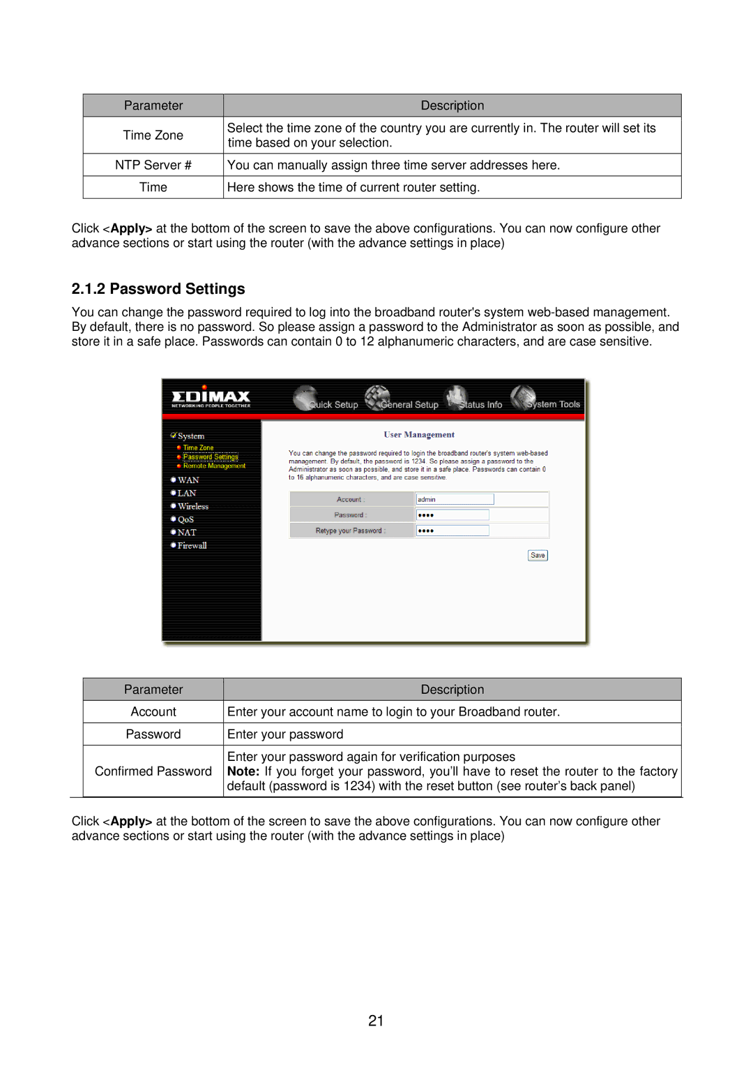 Edimax Technology BR-6218Mg user manual Password Settings 