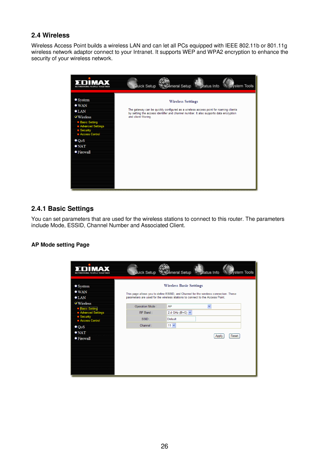 Edimax Technology BR-6218Mg user manual Wireless, Basic Settings, AP Mode setting 