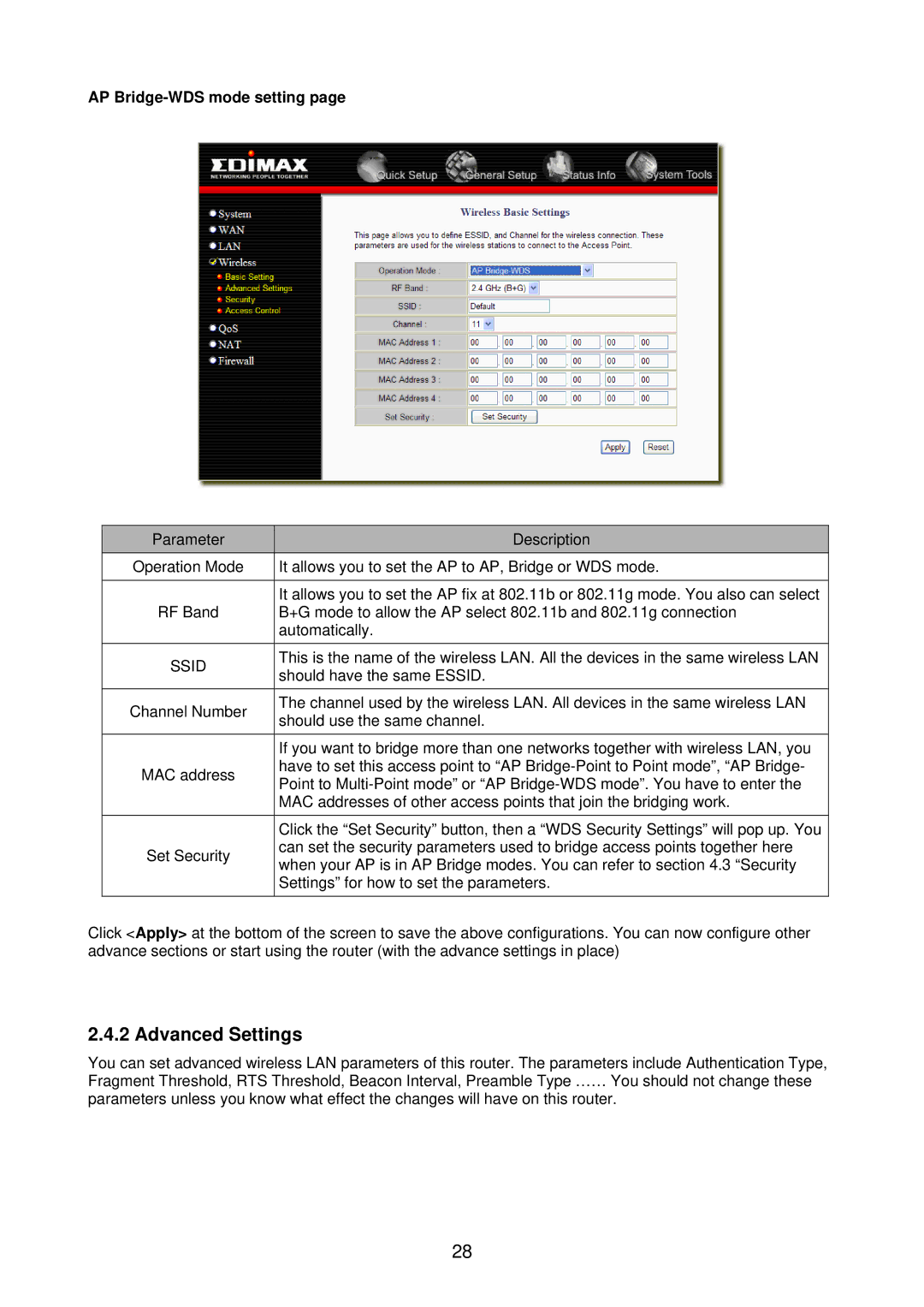 Edimax Technology BR-6218Mg user manual Advanced Settings, AP Bridge-WDS mode setting, Ssid 