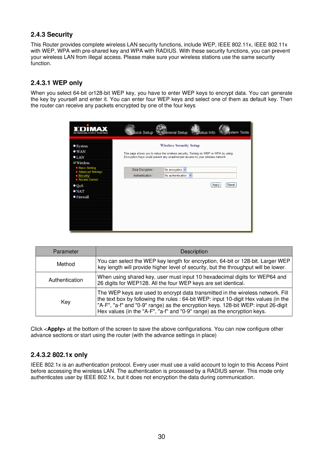 Edimax Technology BR-6218Mg user manual Security, WEP only, 3.2 802.1x only 