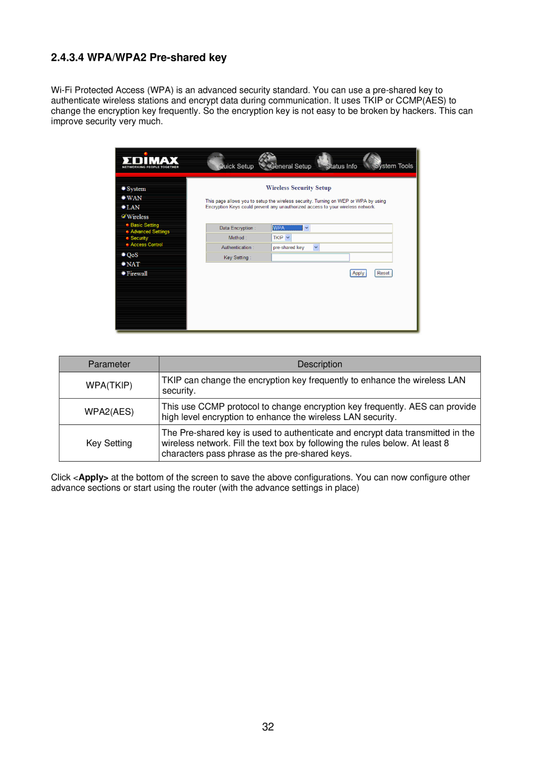 Edimax Technology BR-6218Mg user manual 3.4 WPA/WPA2 Pre-shared key, Wpatkip, WPA2AES 