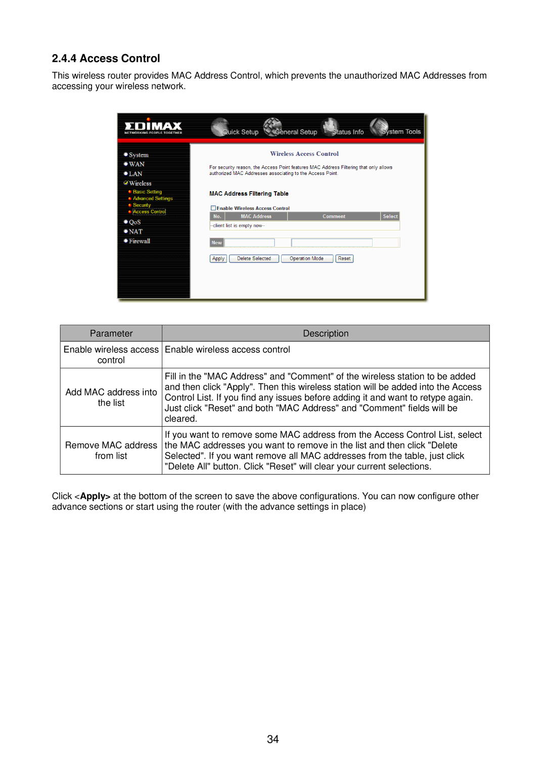 Edimax Technology BR-6218Mg user manual Access Control 