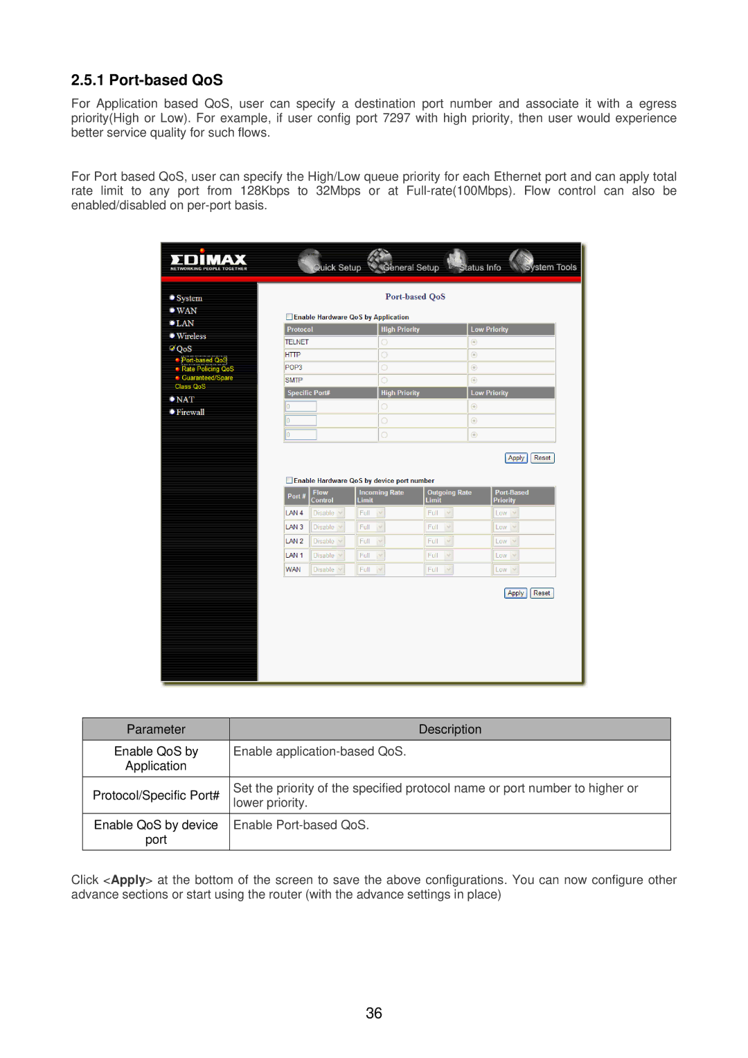 Edimax Technology BR-6218Mg user manual Port-based QoS 