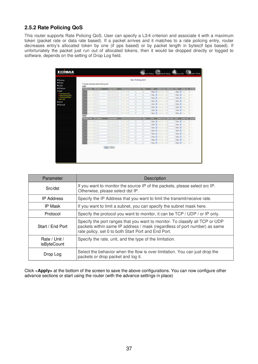 Edimax Technology BR-6218Mg user manual Rate Policing QoS 