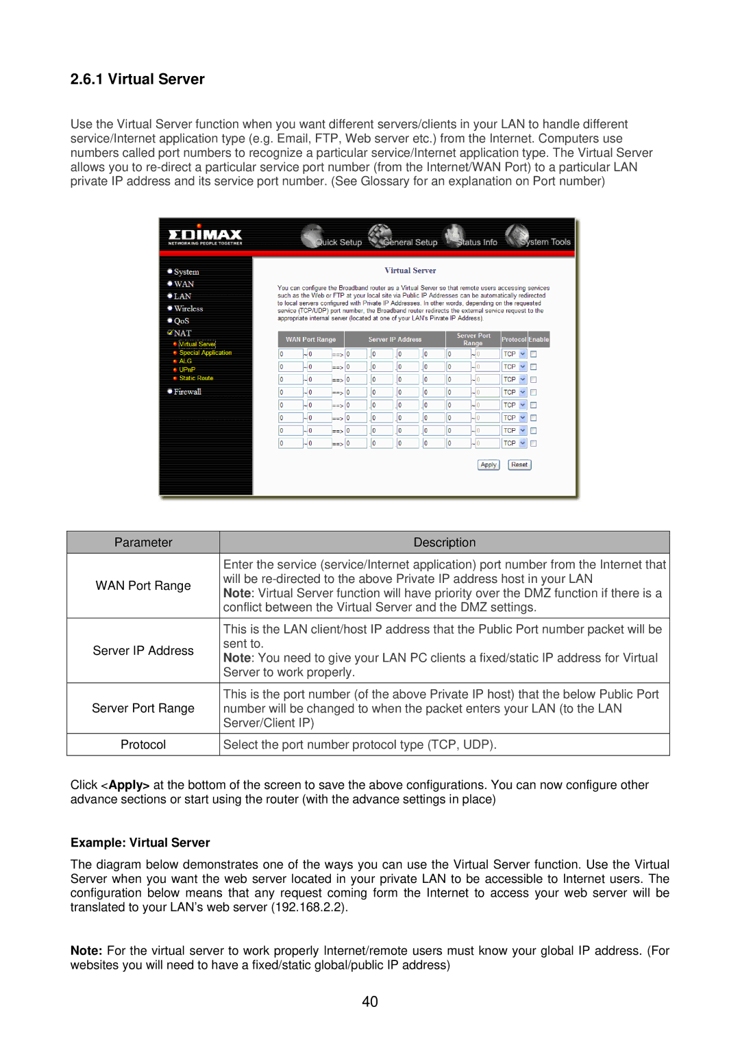 Edimax Technology BR-6218Mg user manual Example Virtual Server 