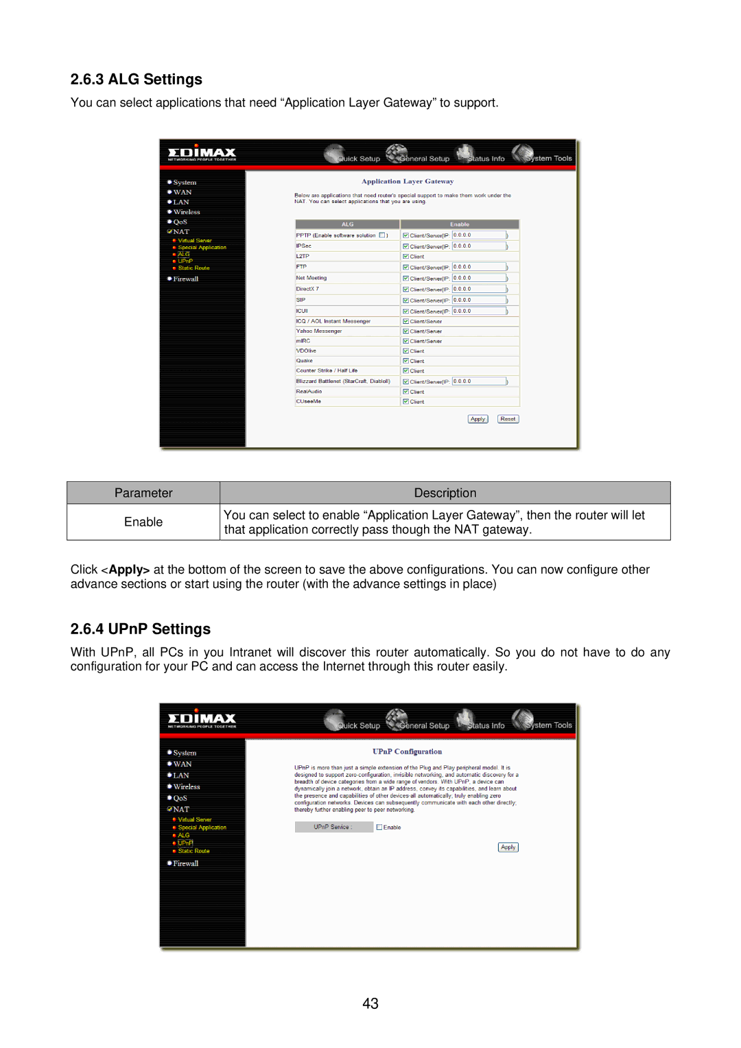 Edimax Technology BR-6218Mg user manual ALG Settings, UPnP Settings 