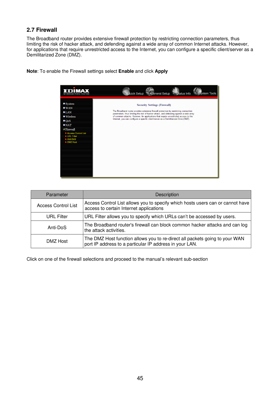 Edimax Technology BR-6218Mg user manual Firewall 