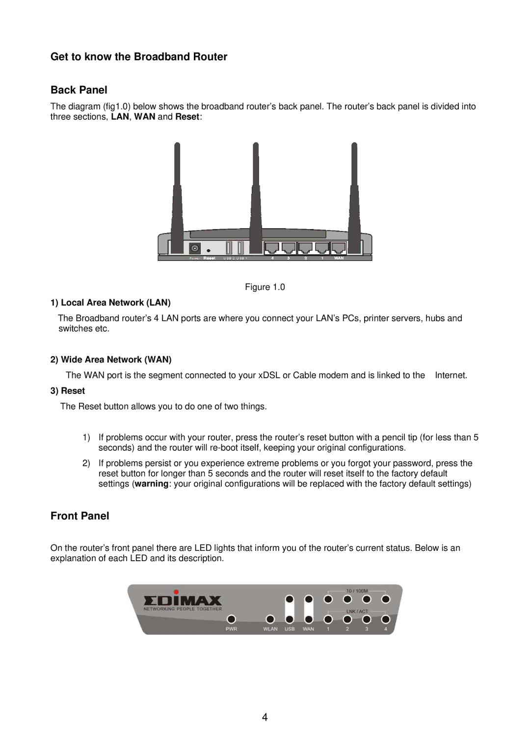 Edimax Technology BR-6218Mg Get to know the Broadband Router Back Panel, Front Panel, Local Area Network LAN, Reset 