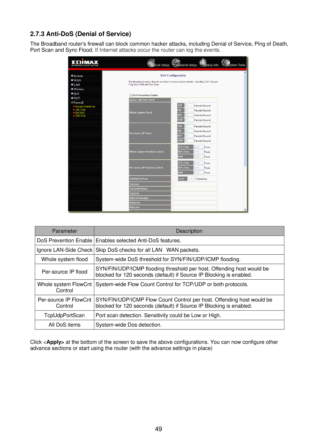 Edimax Technology BR-6218Mg user manual Anti-DoS Denial of Service 