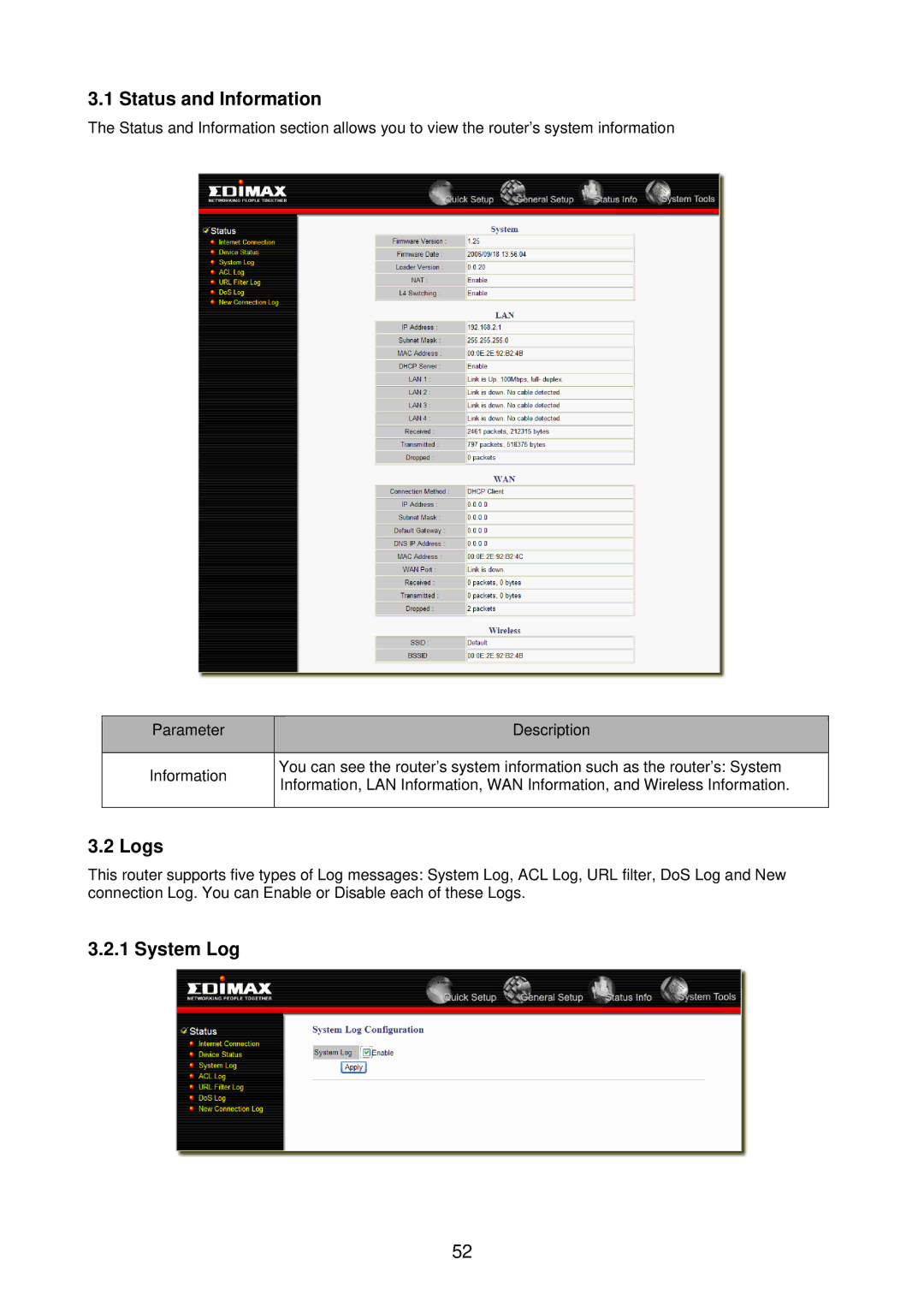 Edimax Technology BR-6218Mg user manual Status and Information, Logs, System Log 