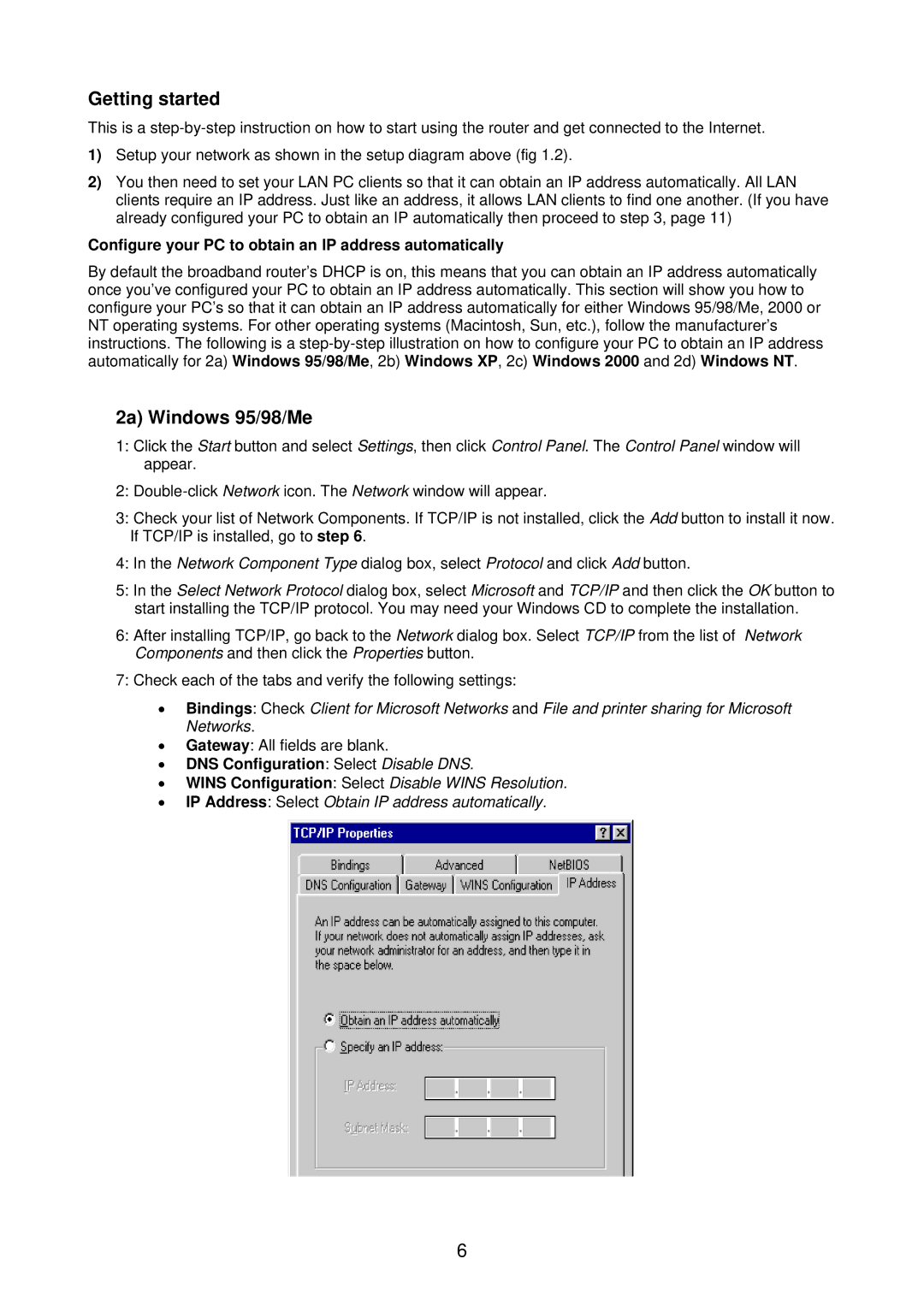 Edimax Technology BR-6218Mg Getting started, 2a Windows 95/98/Me, Configure your PC to obtain an IP address automatically 