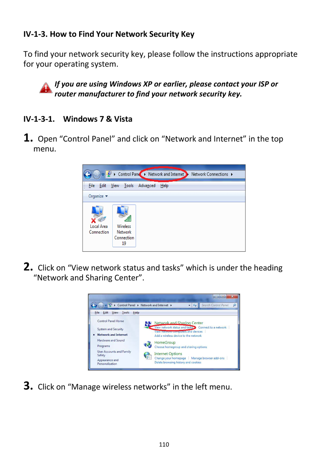 Edimax Technology BR-6228NC V2 manual IV‐1‐3. How to Find Your Network Security Key, IV‐1‐3‐1. Windows 7 & Vista 