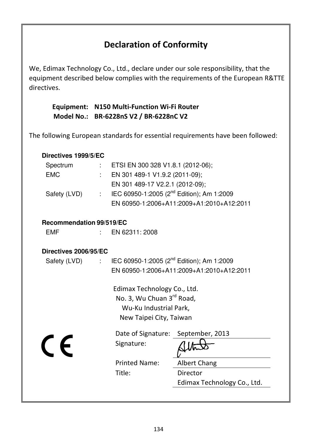 Edimax Technology BR-6228NC V2 manual Declaration of Conformity 